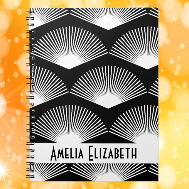 Art Deco White Fan Pattern Black Personalise Notebook (A note book with a white art deco fan pattern on a black background and text you can personalize.)
