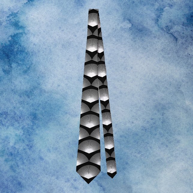 Art Deco White Fan Pattern Black Tie (A tie with an art deco white fan pattern on a black background.)