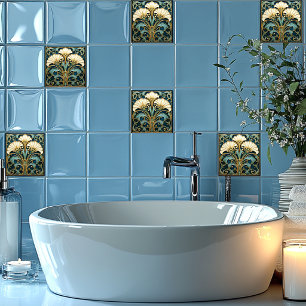 Art Deco White Flower Blue Turquoise Gold Ceramic Tile