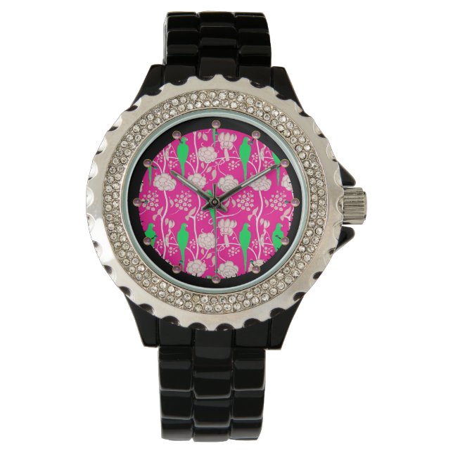ART DECO WHITE FLOWERS AND GREEN PARROTS IN PINK WATCH (Front)