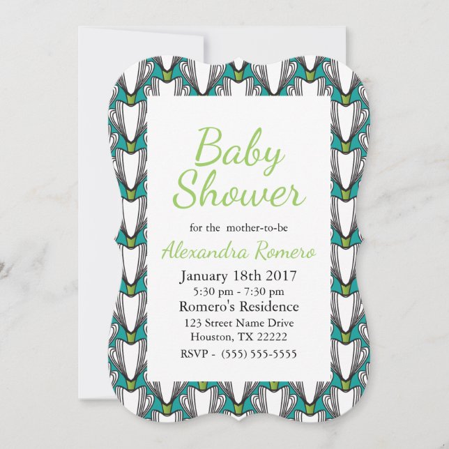 Art Deco White Flowers & Green Baby Shower Invitation (Front)
