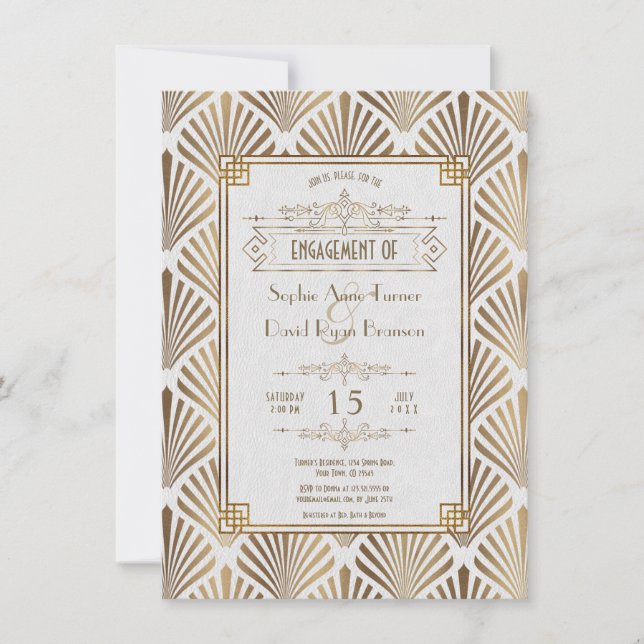 Art Deco White Gatsby 1920s Engagement Party Invitation (Front)