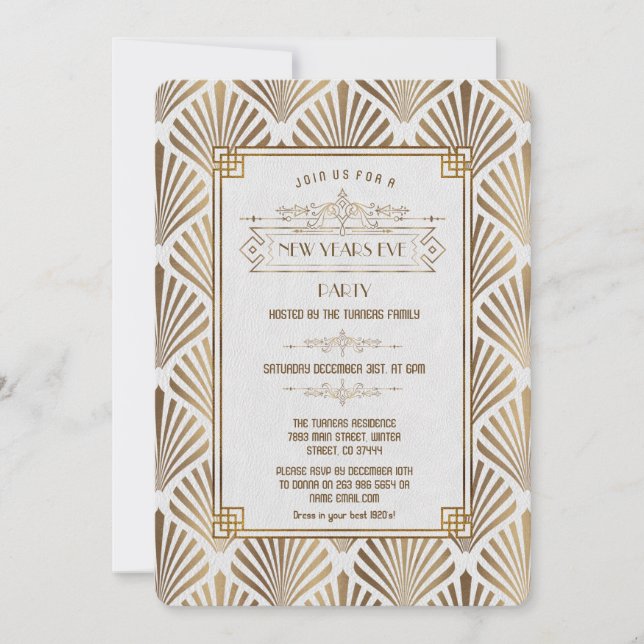 Art Deco White Gatsby 1920s New Year's Eve Party Invitation (Front)