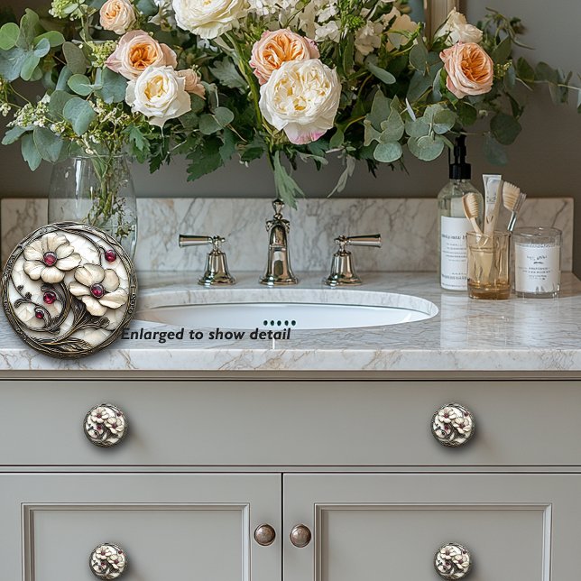 Art Deco White Glass Flower Elegant Red Ruby Beads Ceramic Knob (Creator Uploaded)