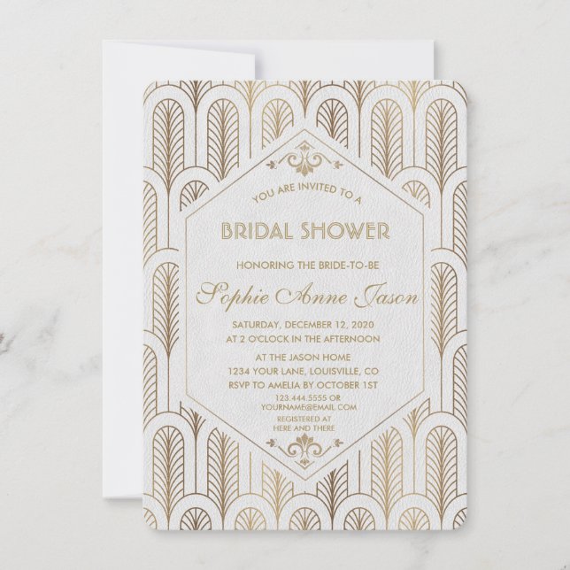 Art Deco White Gold Bridal Shower Invitation (Front)