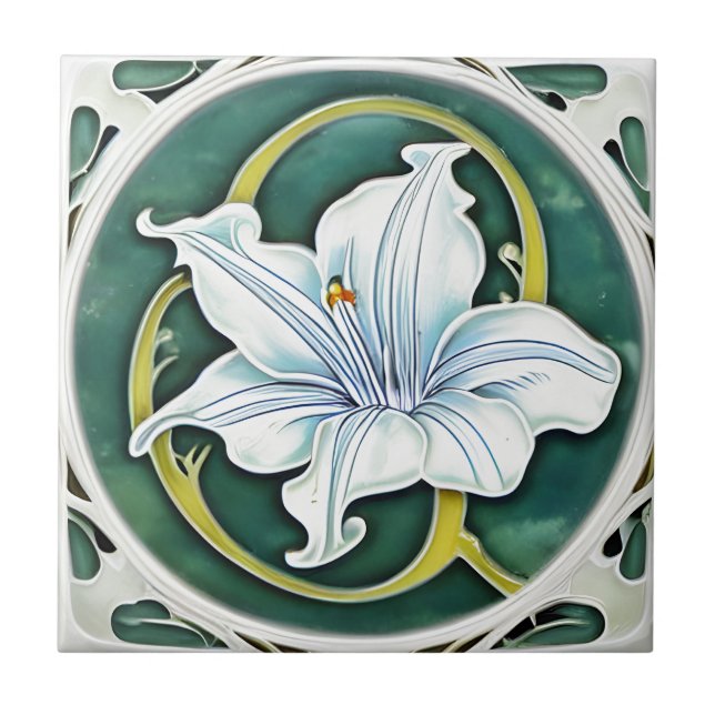 Art Deco White Lily Ceramic Tile (Front)
