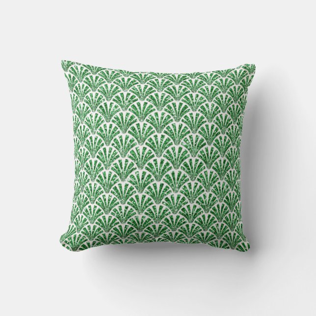 Art Deco WhiteGreen Tropical Seashells Scales Cushion (Front)