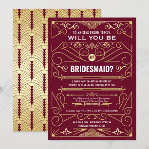 Art Deco Will You Be My Bridesmaid Gold Burgundy Invitation