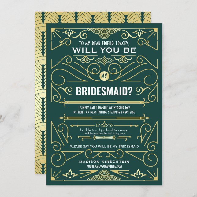 Art Deco Will You Be My Bridesmaid Gold Green Invitation (Front/Back)