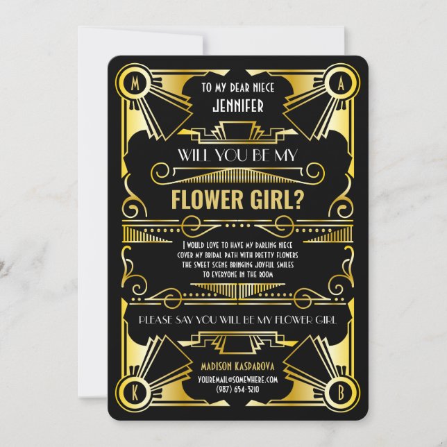 Art Deco Will You Be My Flower Girl Gold & Black Invitation (Front)