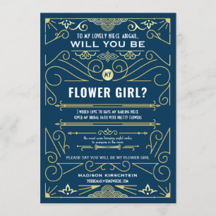 Art Deco Will You Be My Flower Girl Gold Blue Invitation