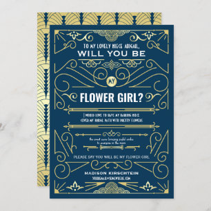 Art Deco Will You Be My Flower Girl Gold Dark Blue Invitation