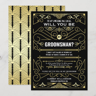 Art Deco Will You Be My Groomsman Gold Black Invitation