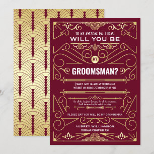 Art Deco Will You Be My Groomsman Gold Burgundy Invitation