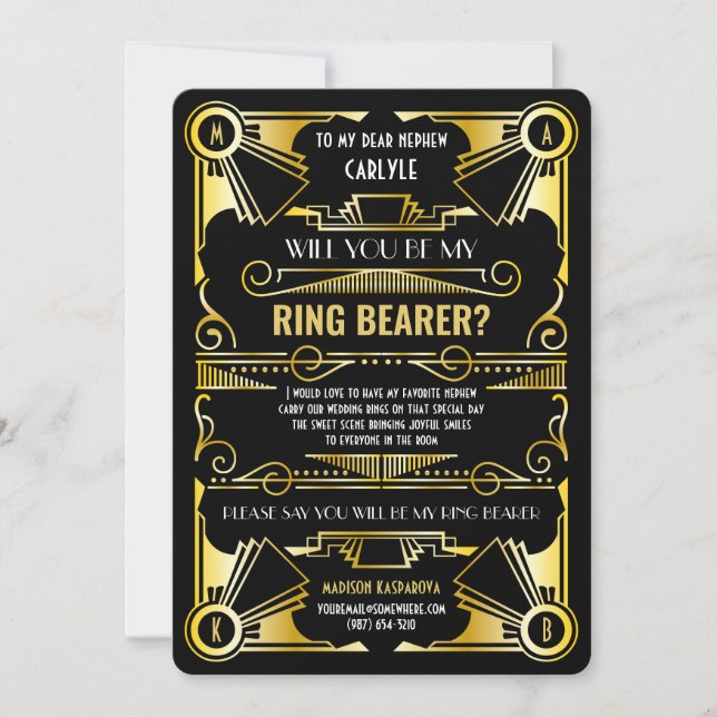 Art Deco Will You Be My Ring Bearer Gold & Black Invitation (Front)