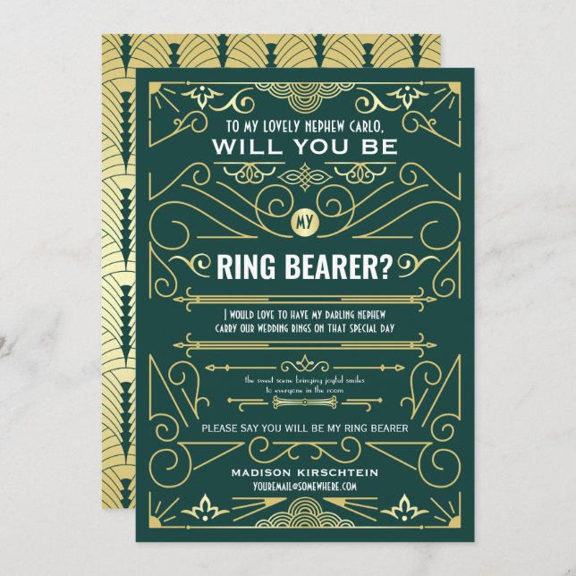 Art Deco Will You Be My Ring Bearer Gold Green Invitation (Front/Back)