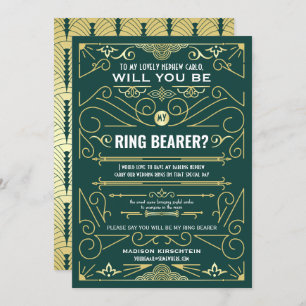 Art Deco Will You Be My Ring Bearer Gold Green Invitation