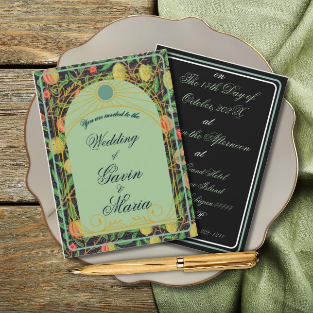 Art Deco William Morris Floral Gold Tone Fruit Invitation (Creator Uploaded)