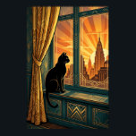 Art Deco Windowsill Gazing Cat Wall Art<br><div class="desc">A contemplative black cat silhouette perches elegantly on a teal geometric windowsill,  framed by stylised golden curtain folds and warm orange sunset rays. This serene 1920s art deco composition brings peaceful sophistication to bedrooms,  hallways and living rooms,  creating a perfect focal point for cat enthusiasts and modern decor lovers.</div>