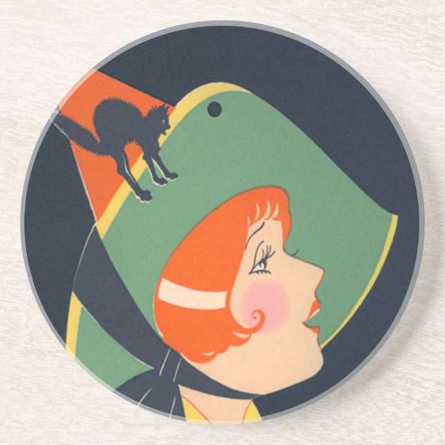 Art Deco Witch Hat Black Cat Coaster (Front)
