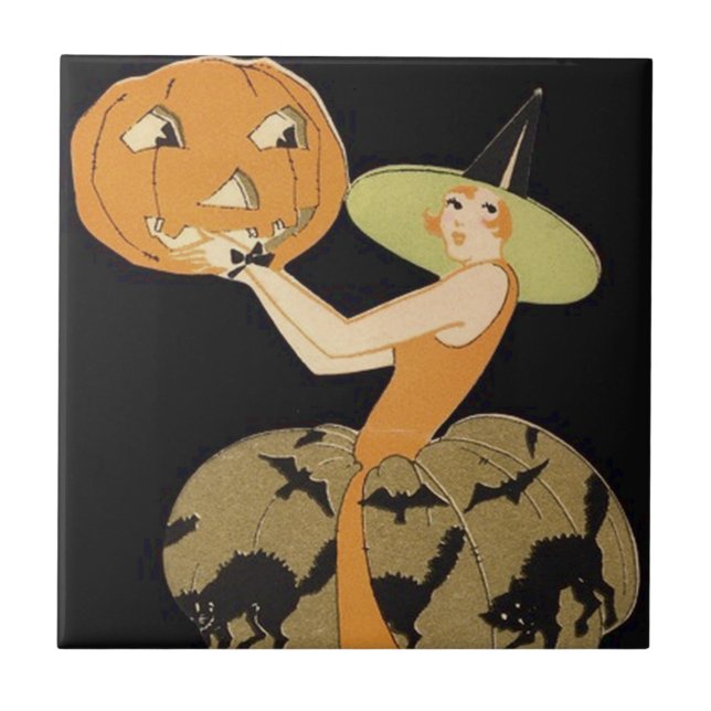 Art Deco Witch Jack O Lantern Pumpkin Black Cat Ceramic Tile (Front)