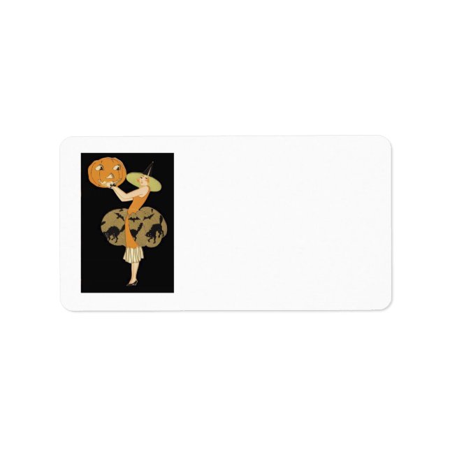 Art Deco Witch Jack O Lantern Pumpkin Black Cat Label (Front)