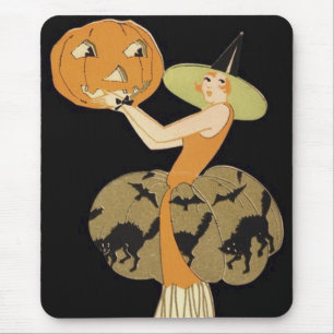 Art Deco Witch Jack O Lantern Pumpkin Black Cat Mouse Pad