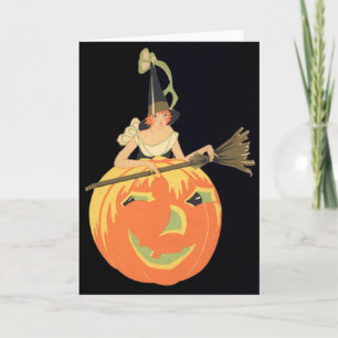 Art Deco Witch Jack O Lantern Pumpkin Broom Card