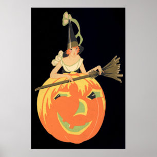 Art Deco Witch Jack O Lantern Pumpkin Broom Poster