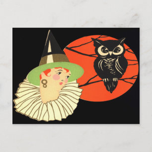Art Deco Witch Owl Full Moon Postcard