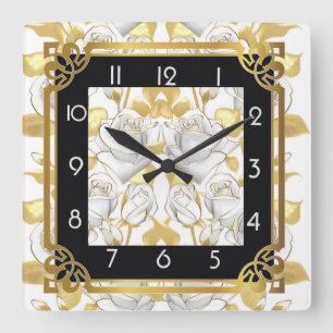 Art Deco with golden roses Square Wall Clock