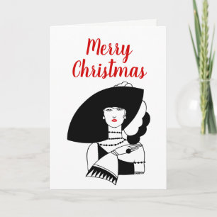 Art Deco Woman In Big Hat Gloves RL Christmas Xmas Holiday Card