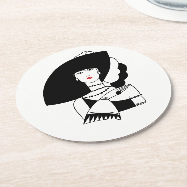 Art Deco Woman In Big Hat Gloves RL Round Paper Coaster (Angled)
