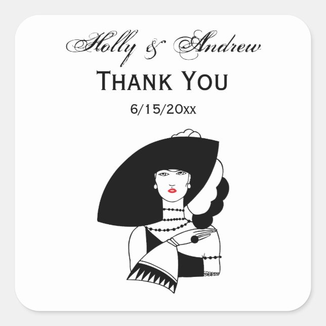 Art Deco Woman In Big Hat Gloves RL Square Sticker (Front)