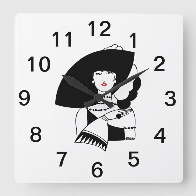 Art Deco Woman In Big Hat Gloves RL Square Wall Clock (Front)