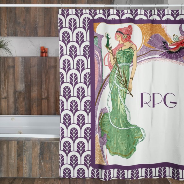 Art Deco Woman In Green With Monogram Shower Curtain (Creator Uploaded)