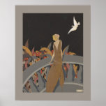 Art Deco Woman Poster<br><div class="desc">A beautiful Art Deco illustration of a woman standing on a balcony watching a white dove.  Coloured in autumn tones - a lovely poster.</div>