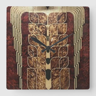 ART DECO WOOD PANELS SQUARE WALL CLOCK
