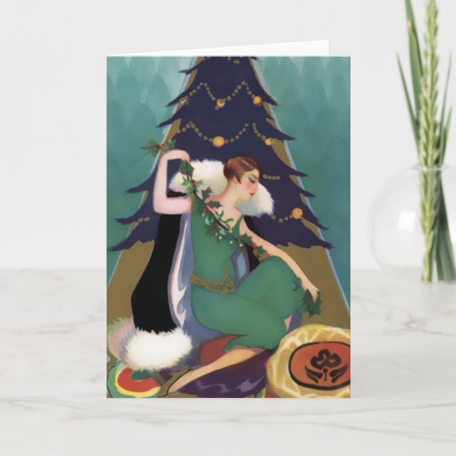 Art Deco Xmas, Pascaline in Teal, Gold and Navy Holiday Card (Front)