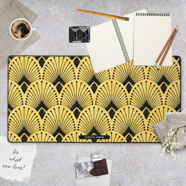 Art Deco Yellow Black White Retro Peacock Pattern Desk Mat (Art Deco Yellow Black White Retro Peacock Pattern Desk Mat ©Susanne Sachers - Sunny Mind 🌞)