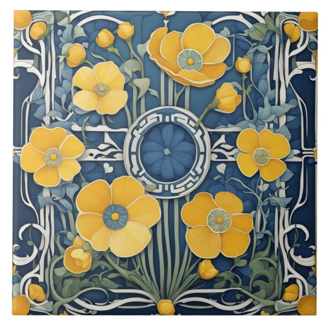 Art Deco Yellow Flowers Art Nouveau Blue Floral Ceramic Tile (Front)
