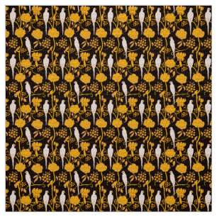 ART DECO YELLOW FLOWERS,WHITE PARROTS ON BLACK FABRIC