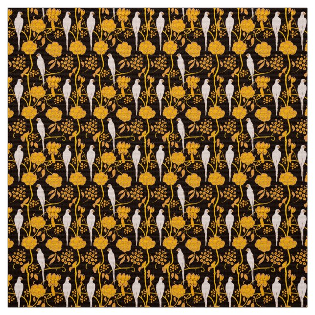 ART DECO YELLOW FLOWERS,WHITE PARROTS ON BLACK FABRIC (Swatch)