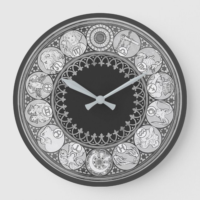 Art Deco Zodiac Signs | Silver Grey Large Clock (Front)