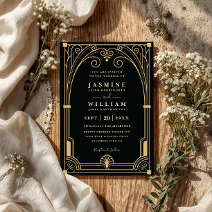 Art Decor Gate Gold Black Luxury QR Code Wedding Invitation