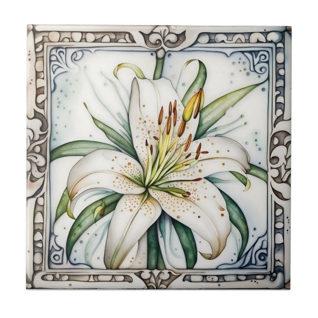 art decor lily antique ornate ceramic tiles (Front)