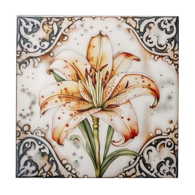 art decor lily antique ornate ceramic tiles (Front)