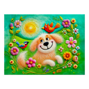 Art Dogs Relaxing in a Colourful Garden Poster