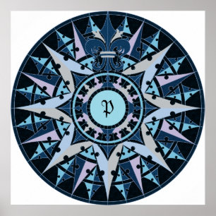 Art drawing, antique compass rose, add monogram poster