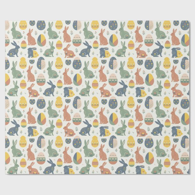 Art Easter Bunny & Floral Egg Pattern Wrapping Paper (Flat)